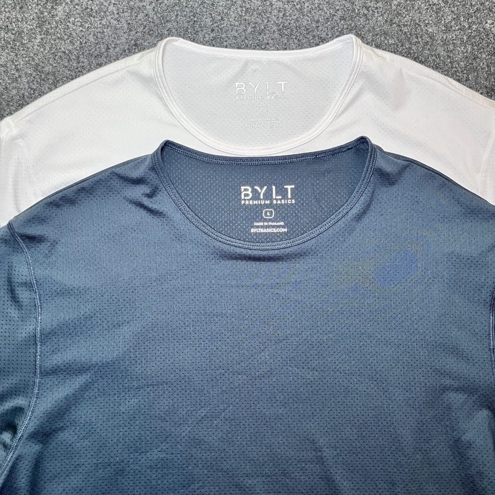 BYLT Premium Basics T-Shirt‎ Mens Large White Navy Excellent Mesh Active 2 Pack